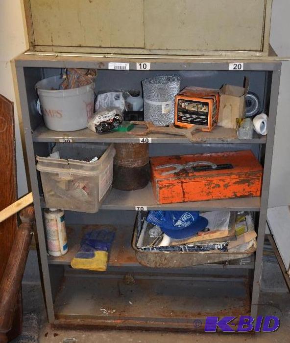 lot 42 image: Gray metal shelf unit and contents 36x36"...
