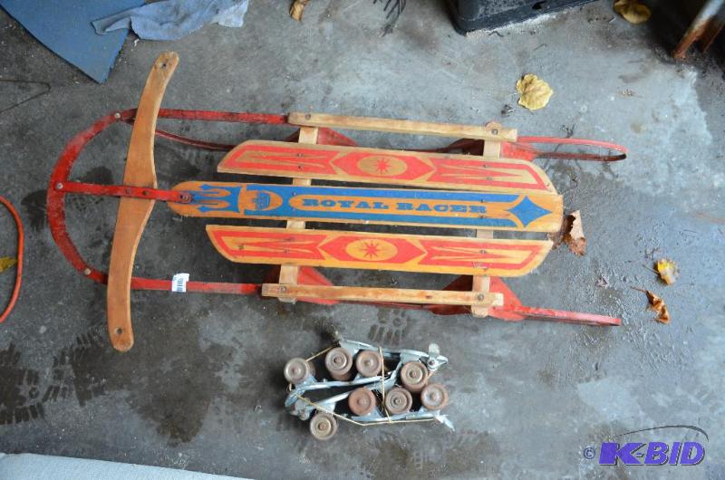 lot 53 image: Vintage sled and 2 pairs of antiquevintage r...