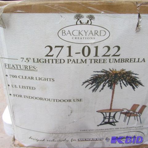 lot 121 image: Lighted Palm Tree Umbrella, Chair
