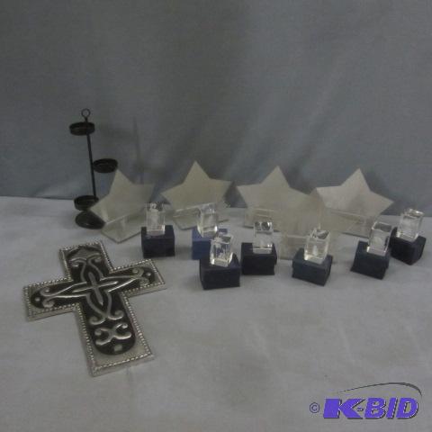 lot 136 image: Business Card Holders, Glass 3D Cubes, Cross, Candle