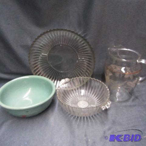 Crock & Glass Bowls, Fancy Pitcher