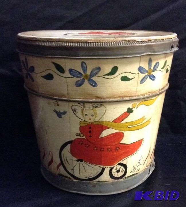lot 18 image: Small Hand Painted Butter Bucket with Lid