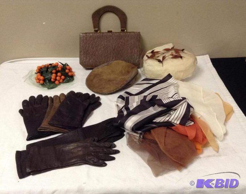 lot 36 image: Womens Vintage Scarves, Hats, Handbag & Gloves