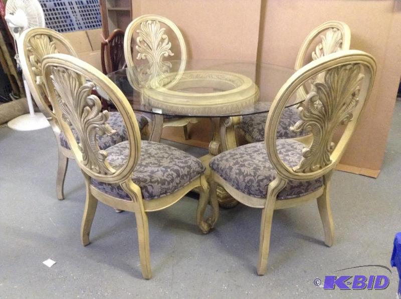 lot 11 image: Sturdy Neoclassical Glass Top Dining Table with Five Chairs