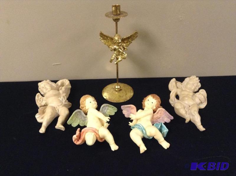lot 28 image: Angelic Lot - Cherub Wall Hanging and Candle Holder