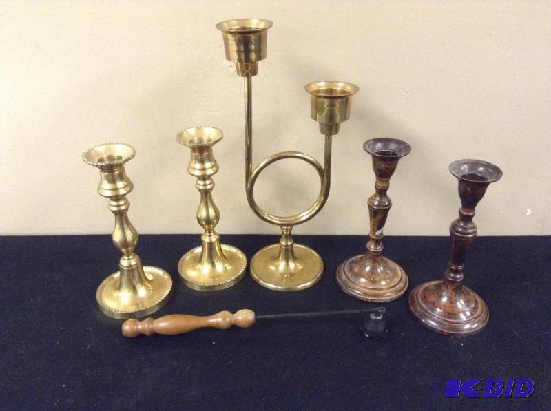 lot 35 image: Brass Taper Candle Holders & Snuffer