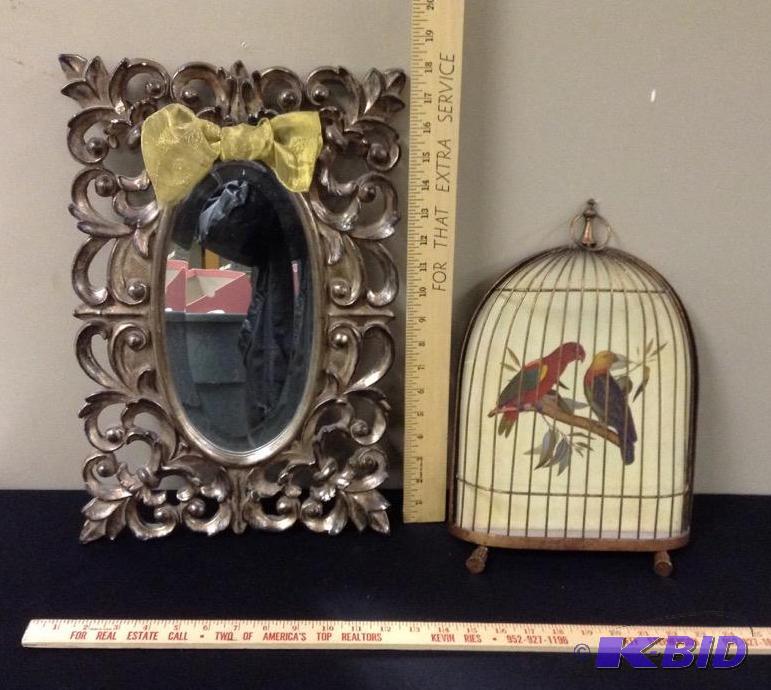 lot 44 image: Decorative Accent Mirror and Dimensional Birdcage
