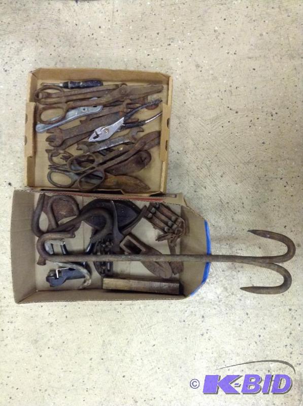 lot 10 image: Two Boxes of Rusty Hand Tools - Pulleys and more