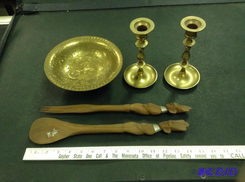 lot 32 image: Candle Holders - Etched Brass Bowl and Carved African Salad Servers