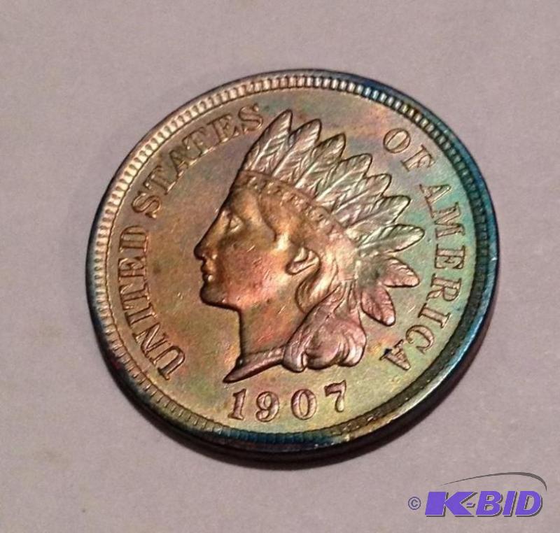 1907 Indian Head Cent High Grade  AUBU Rainbow Color Nice