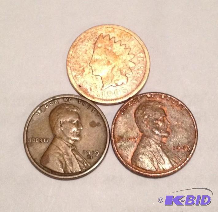 A Trio of Cents 1905 Indian 1919-S Lincoln Better Date and 1943 Lincoln