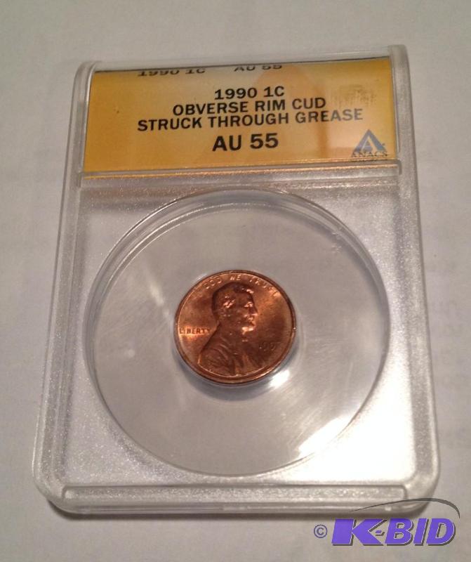 1990 Lincoln Cent Mint Error  ANACS AU55 Rim Cud and struck through grease Double Error Wow