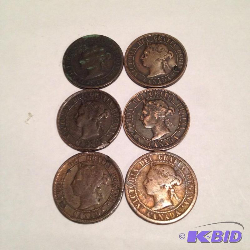 Lot of 6 Early Victoria Canadian Large Cents 1882,1886,1888,1893,1896,1896