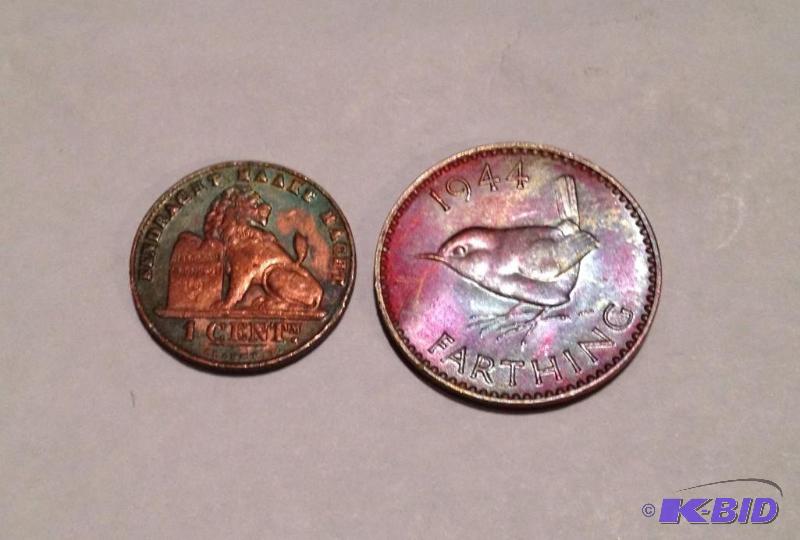1912 Belgium coin and 1944 Great Britain  Farthing  both with Rainbow Toning Higher Grades