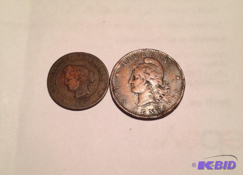 1897 France 5 Francs and 1884 Argentina Centavos cool design copper coins