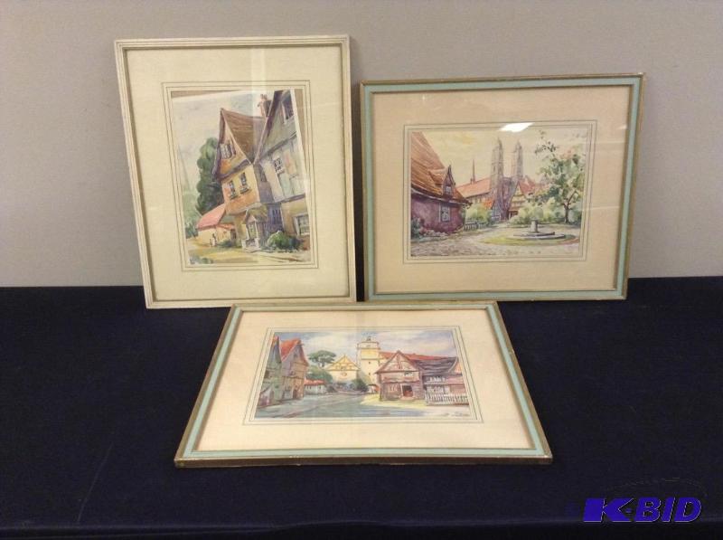 lot 119 image: 3 Vintage Watercolor Prints by Rice
