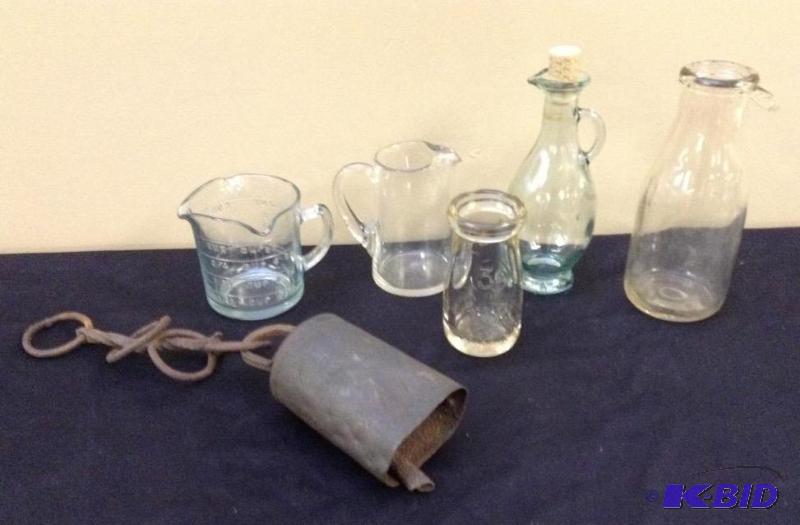 lot 134 image: Old Glass Bottles - Beaker and Cow Bell