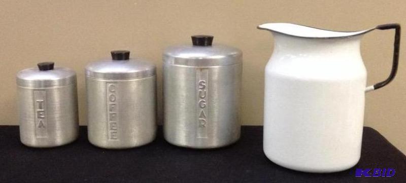 lot 137 image: Vintage Canister Set & Enamel Water Pitcher