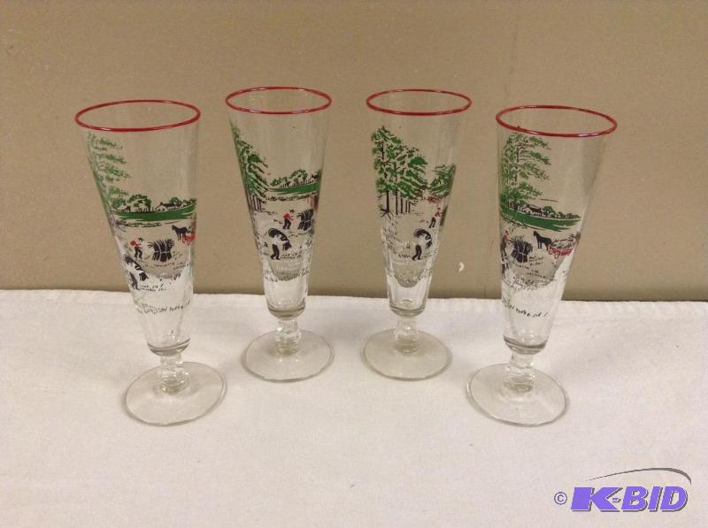 lot 22 image: 4 Farm Scene Glass Flutes