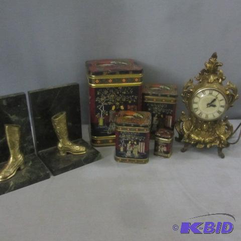 Marble Bookends, Brass Clock