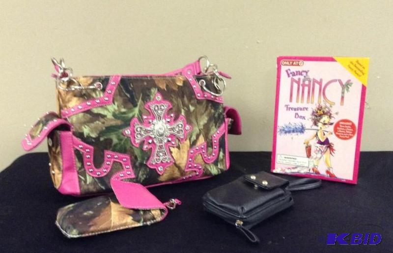 lot 42 image: Pink Camo StuddedRhinestone Purse and more