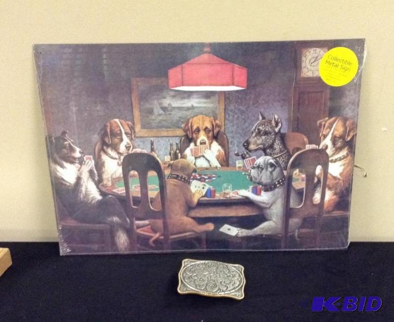 lot 50 image: Poker Playing Dogs Metal Sign and Marlboro Belt Buckle