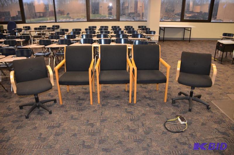 lot 157 image: Group of 5 matching wood chairs, 2 swivel and...