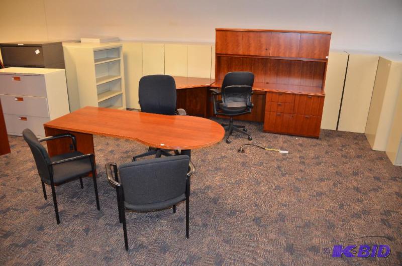 lot 2 image: Wood Office desk suite - main desk with d...