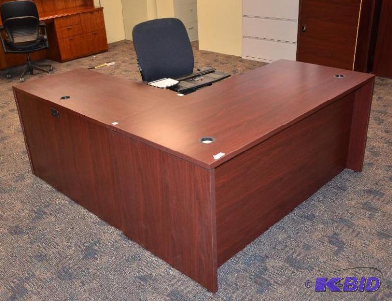 lot 6 image: HON wood desk with 3M adjustable keyboard tr...