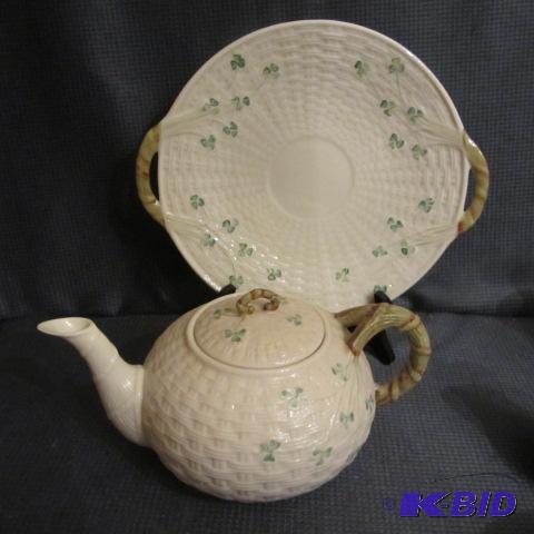 lot 104 image: Belleek Teapot & Tray