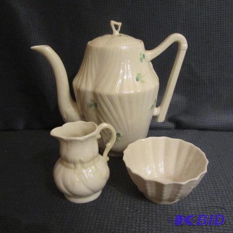 lot 106 image: Belleek Coffee, Cream & Sugar