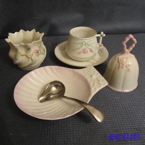 lot 109 image: Belleek Cup, Saucer, Bell, Vase