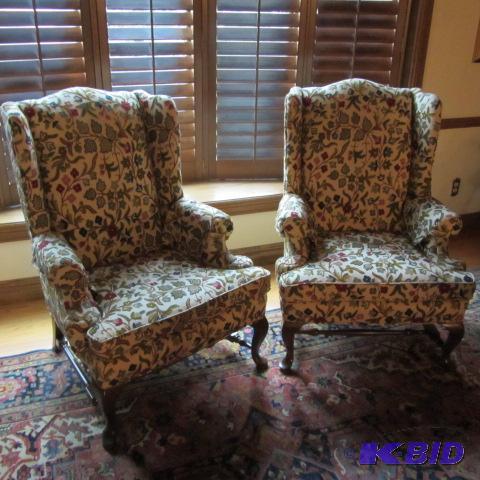 lot 12 image: Embroidered Wingback Chairs