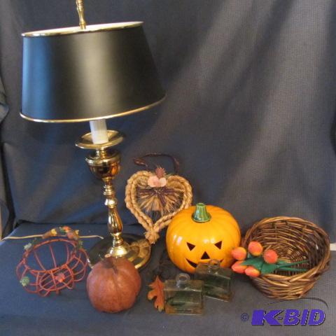 lot 300 image: Brass Lamp, Pumpkins, Basket