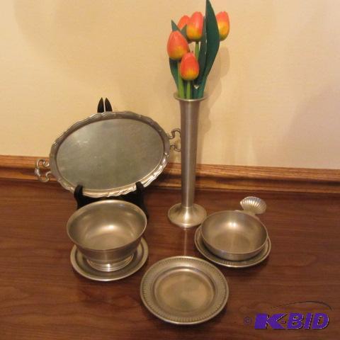 lot 35 image: Pewter Bowls, Vase, Tray