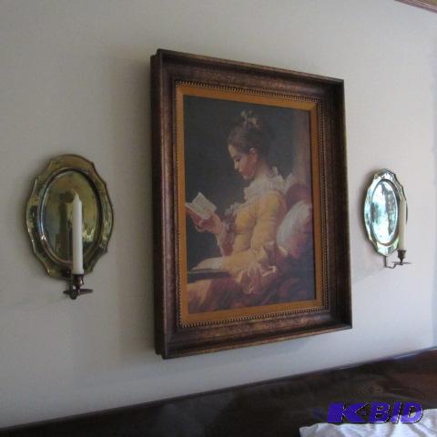 lot 4 image: Framed Portrait, Brass Sconces