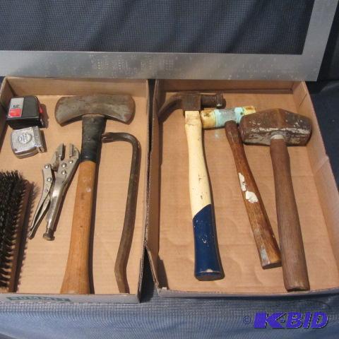 lot 477 image: Hammers, Axe, Pry Bar