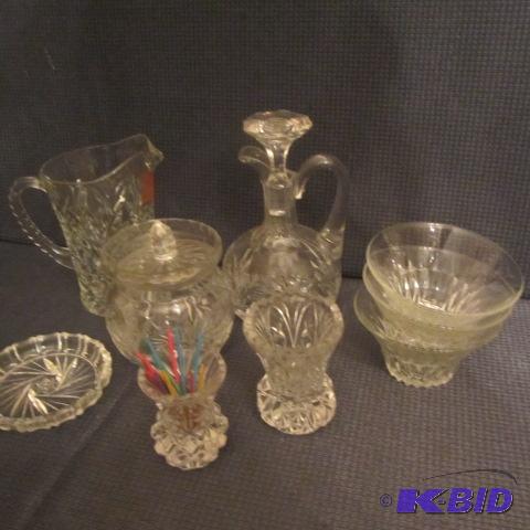 lot 93 image: Crystal Pitcher, Cruet, Toothpick Holders