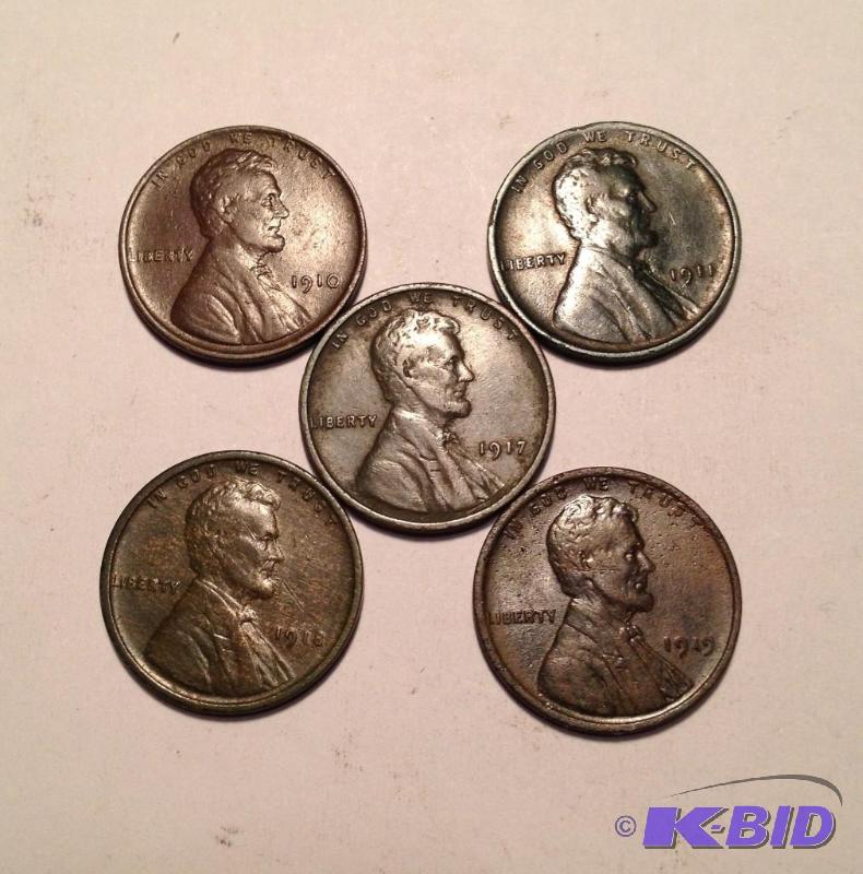 Lot of 5 Higher Grade Early Lincoln cents 1910, 1911, 1917, 1918, 1919