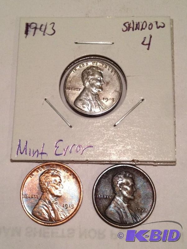 Lot of 3 Lincoln 1919, 1921-S Better date and 1943 Mint Error Steel Cent  (shadow 4) Higher Grades