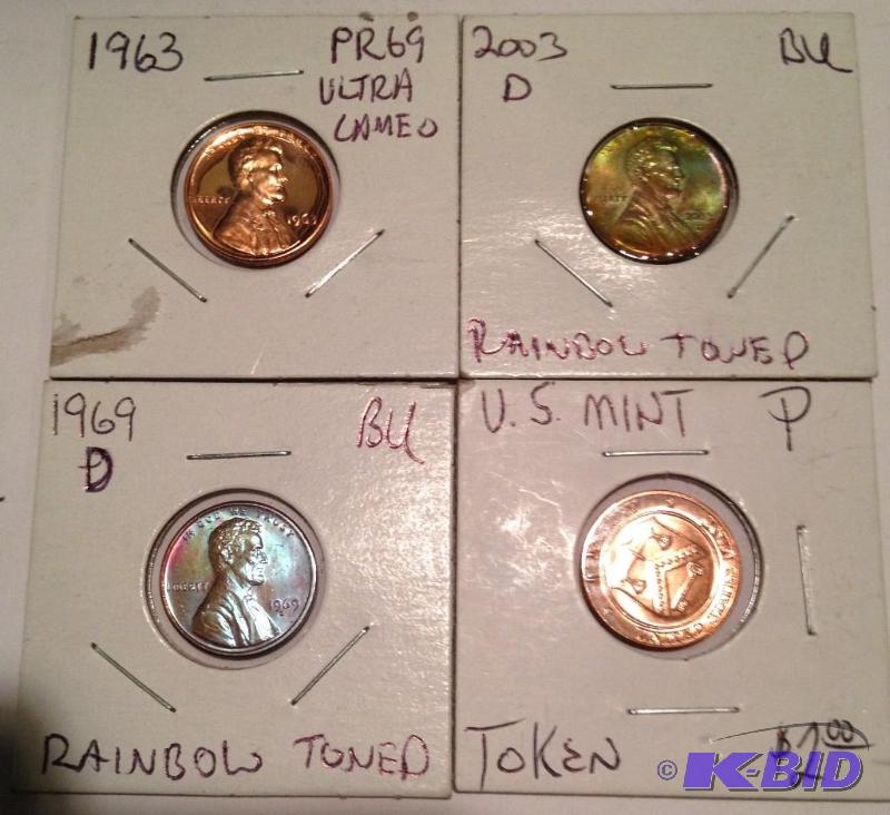 Lot of 4 Lincolns 1963 Proof Ultra Cameo 2003-D Rainbow Toned 1969-S Rainbow Toned & US Philly Mint