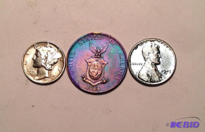 Lot of 3 Coins Minted in the USA  1943 Mercury Dime 1943-D Steel Cent & 1944-S Filipinas One Centavo