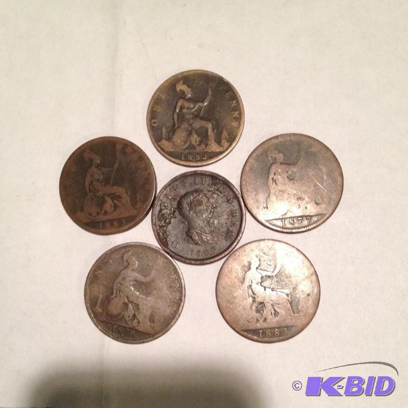 Lot of  6 Vintage Great Britain Pennys 1806, 1876H, 1877, 1882H, 1883, 1883