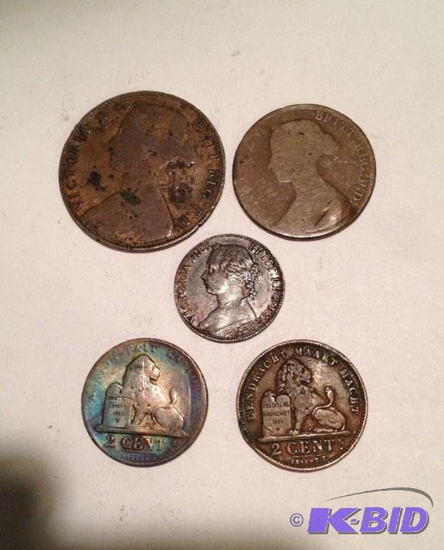 Lot of 5 Vintage Great Britain and Belgium Coins 1861 Penny, 1862 Half Penny, 1878 Farthing 1863