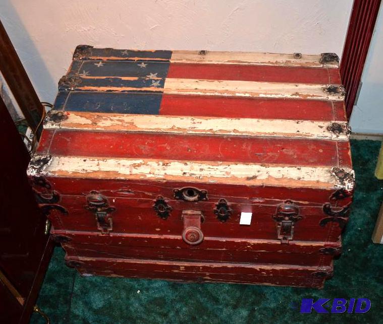 lot 84 image: American Flag on vintage trunk 30x22x20"...