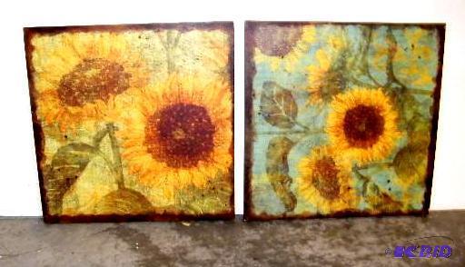 lot 81 image: Set of 2 Sunflower Canvases - Stylized Sunflo...