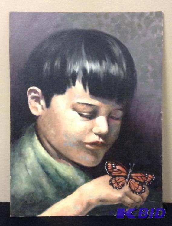 lot 139 image: Oil Painting Boy with Butterfly by Wm B. Campbell