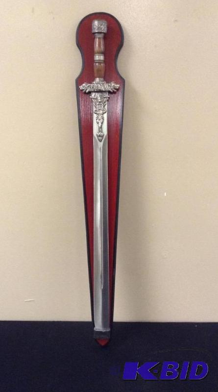 lot 5 image: Ornate Handled Double Edged Sword with Wall Mount