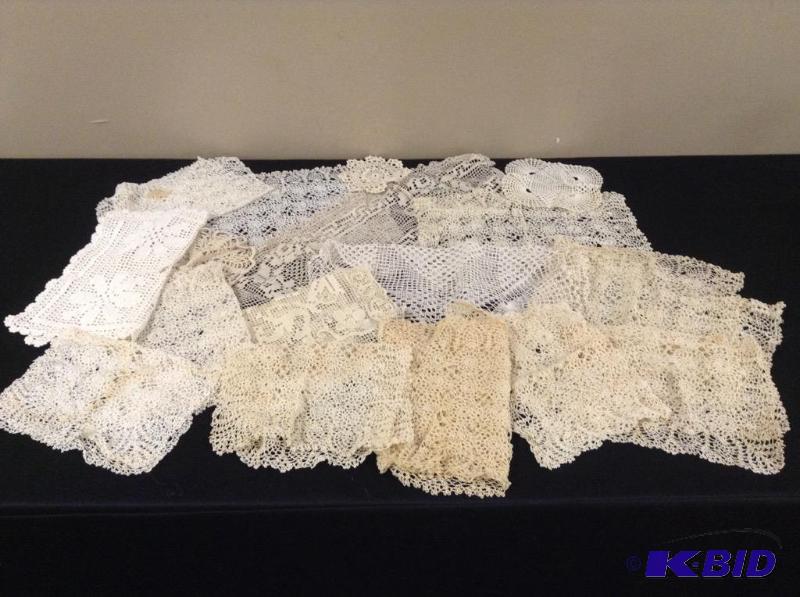 lot 58 image: Assorted Crocheted Doilies and Table Scarves