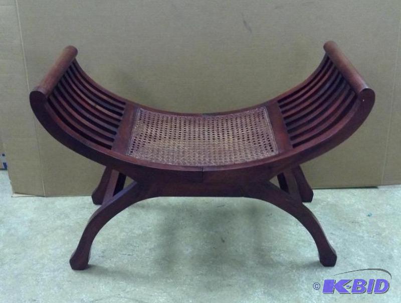 lot 89 image: Asian Inspired Curved Wood & Cane Bench
